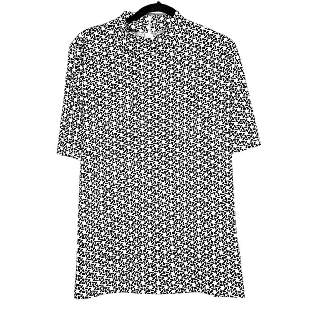 Black & white rope print mock neck tee L short sleeve 1/4 zip back Talbots